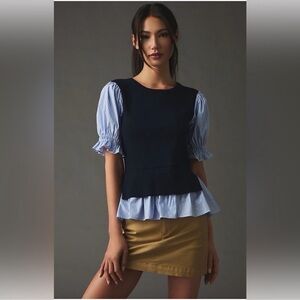 Anthropologie Layered Poplin-Sleeve Sweater Navy Blue White Size Medium